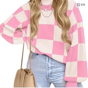 Zesica Pink and Cream Checkered Turtleneck Sweater